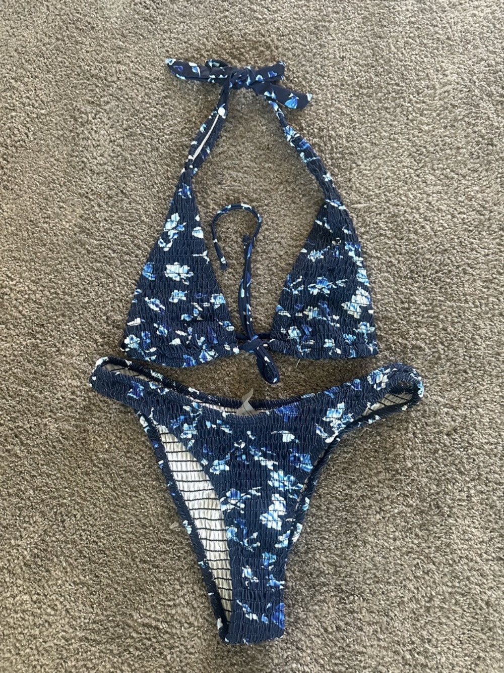 SHEIN Navy Blue Floral Smocked Triangle Bikini